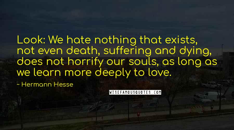 Hermann Hesse Quotes: Look: We hate nothing that exists, not even death, suffering and dying, does not horrify our souls, as long as we learn more deeply to love.