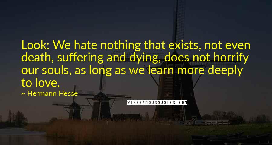 Hermann Hesse Quotes: Look: We hate nothing that exists, not even death, suffering and dying, does not horrify our souls, as long as we learn more deeply to love.