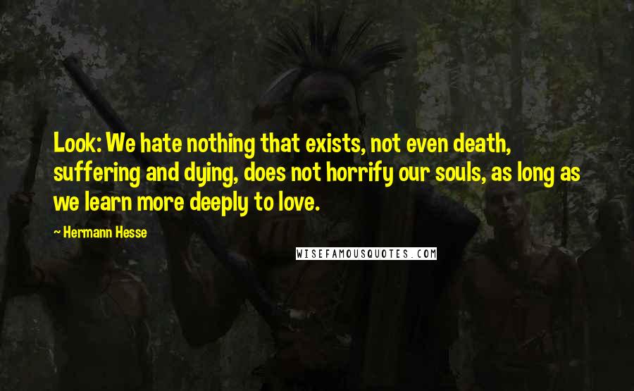 Hermann Hesse Quotes: Look: We hate nothing that exists, not even death, suffering and dying, does not horrify our souls, as long as we learn more deeply to love.