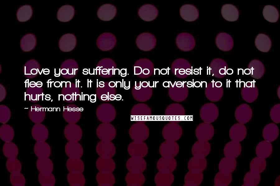 Hermann Hesse Quotes: Love your suffering. Do not resist it, do not flee from it. It is only your aversion to it that hurts, nothing else.