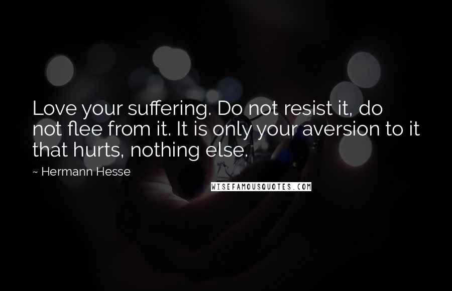 Hermann Hesse Quotes: Love your suffering. Do not resist it, do not flee from it. It is only your aversion to it that hurts, nothing else.