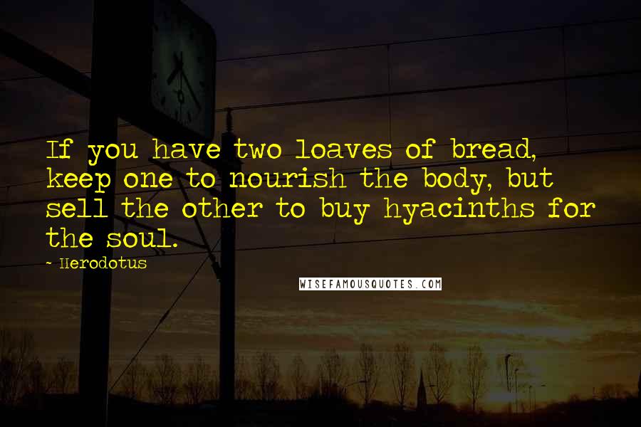 Herodotus Quotes: If you have two loaves of bread, keep one to nourish the body, but sell the other to buy hyacinths for the soul.