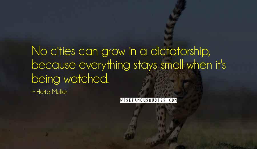 Herta Muller Quotes: No cities can grow in a dictatorship, because everything stays small when it's being watched.