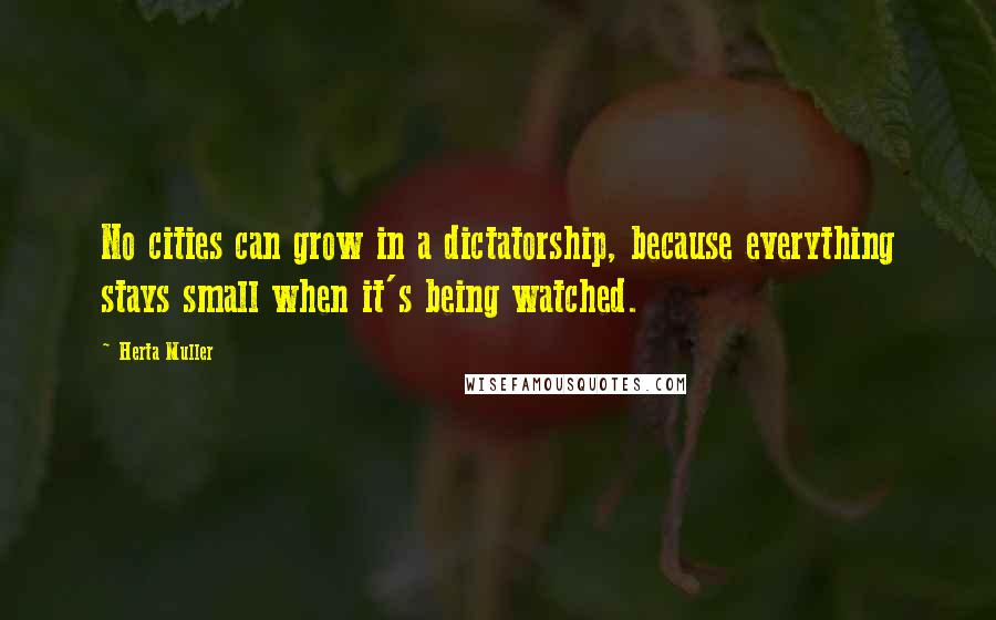 Herta Muller Quotes: No cities can grow in a dictatorship, because everything stays small when it's being watched.