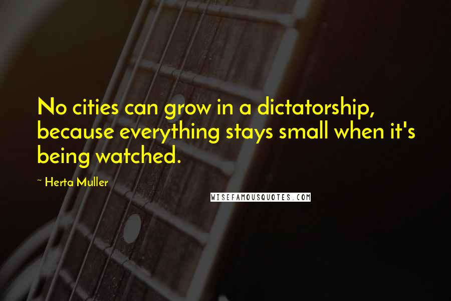 Herta Muller Quotes: No cities can grow in a dictatorship, because everything stays small when it's being watched.