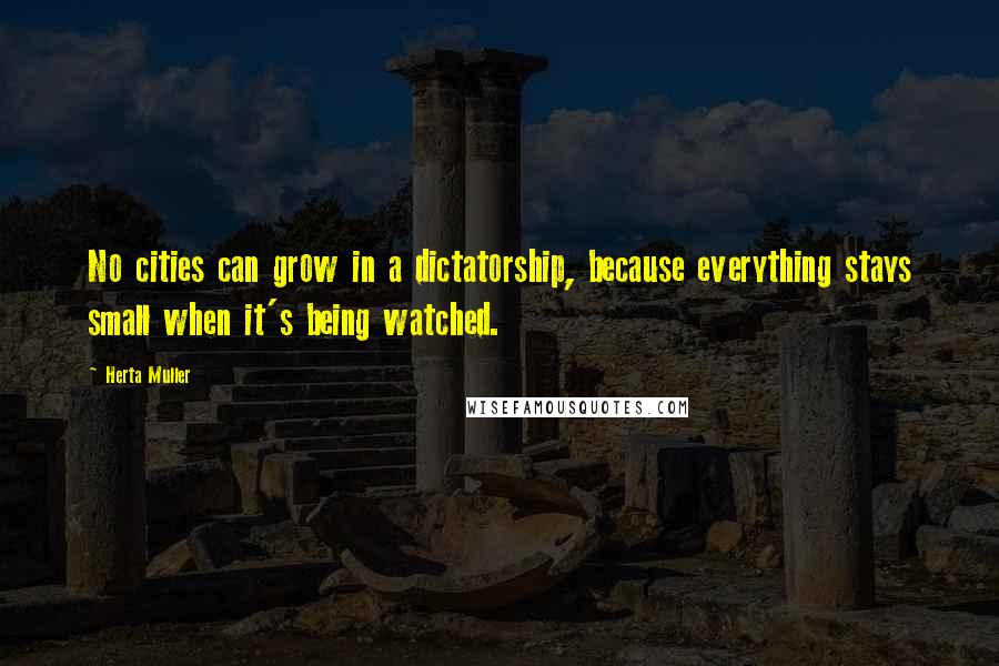 Herta Muller Quotes: No cities can grow in a dictatorship, because everything stays small when it's being watched.