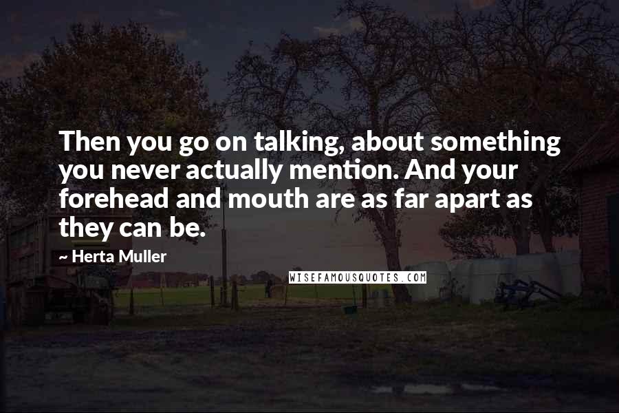 Herta Muller Quotes: Then you go on talking, about something you never actually mention. And your forehead and mouth are as far apart as they can be.