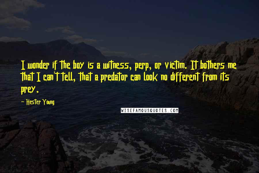 Hester Young Quotes: I wonder if the boy is a witness, perp, or victim. It bothers me that I can't tell, that a predator can look no different from its prey.