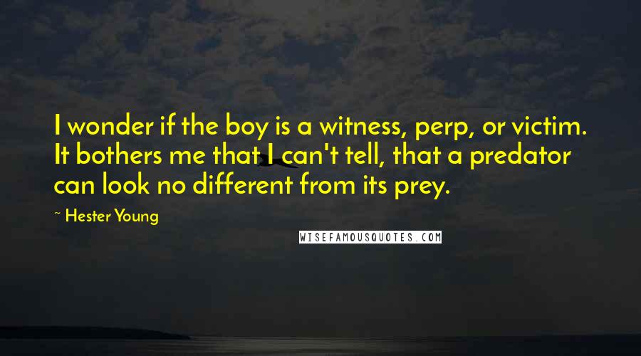 Hester Young Quotes: I wonder if the boy is a witness, perp, or victim. It bothers me that I can't tell, that a predator can look no different from its prey.