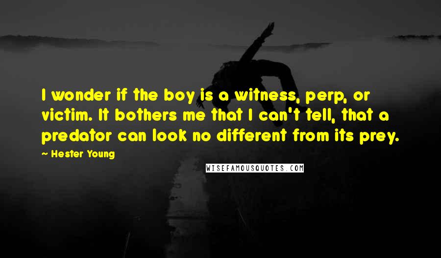 Hester Young Quotes: I wonder if the boy is a witness, perp, or victim. It bothers me that I can't tell, that a predator can look no different from its prey.