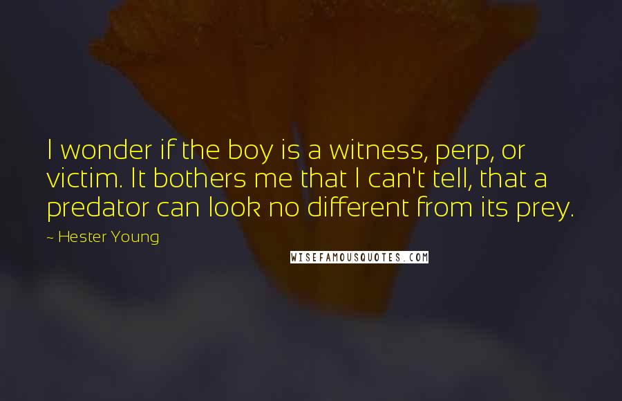 Hester Young Quotes: I wonder if the boy is a witness, perp, or victim. It bothers me that I can't tell, that a predator can look no different from its prey.