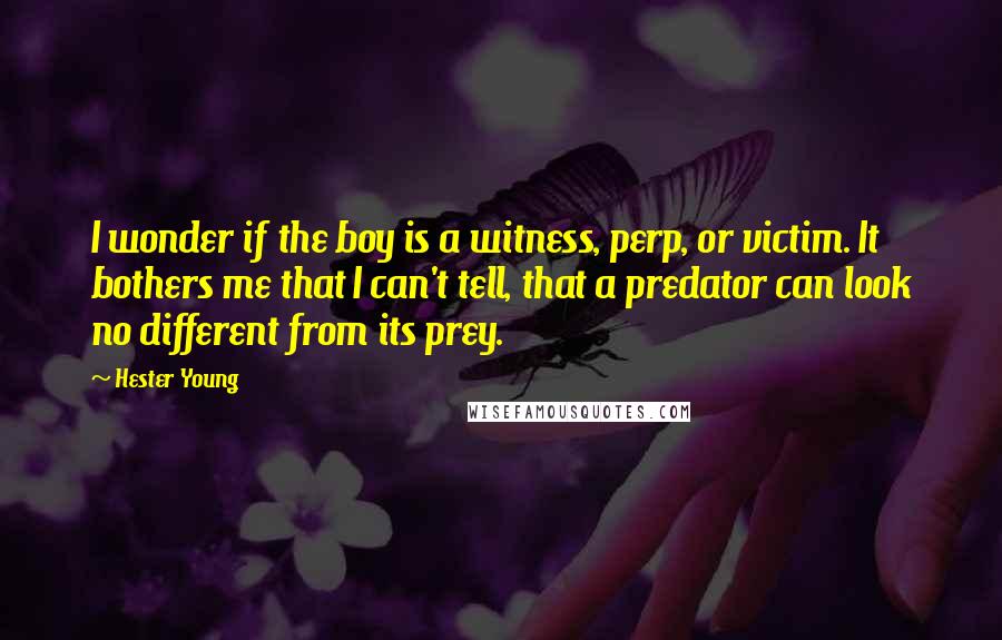 Hester Young Quotes: I wonder if the boy is a witness, perp, or victim. It bothers me that I can't tell, that a predator can look no different from its prey.