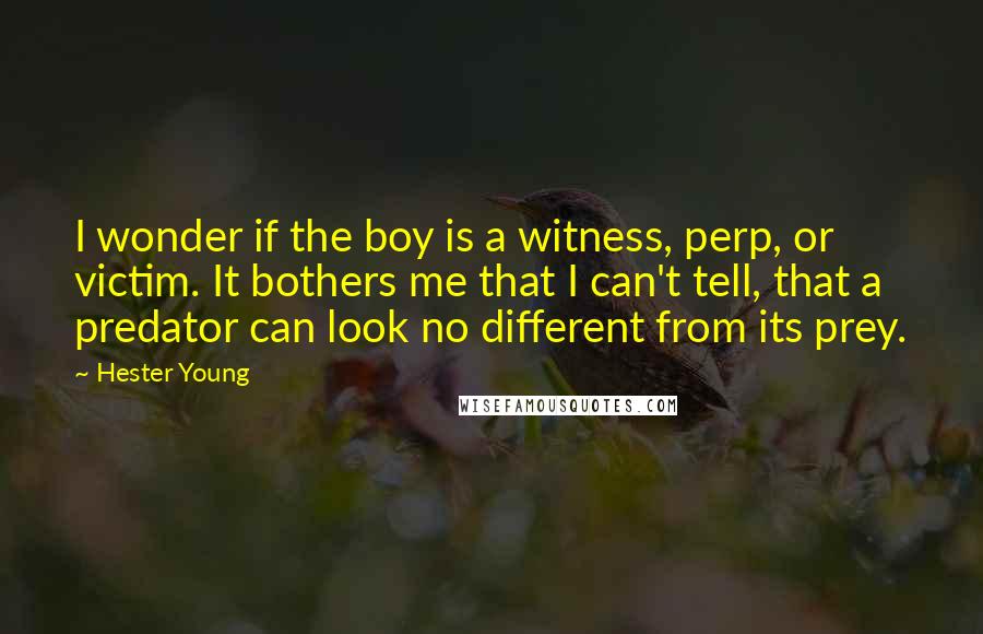 Hester Young Quotes: I wonder if the boy is a witness, perp, or victim. It bothers me that I can't tell, that a predator can look no different from its prey.