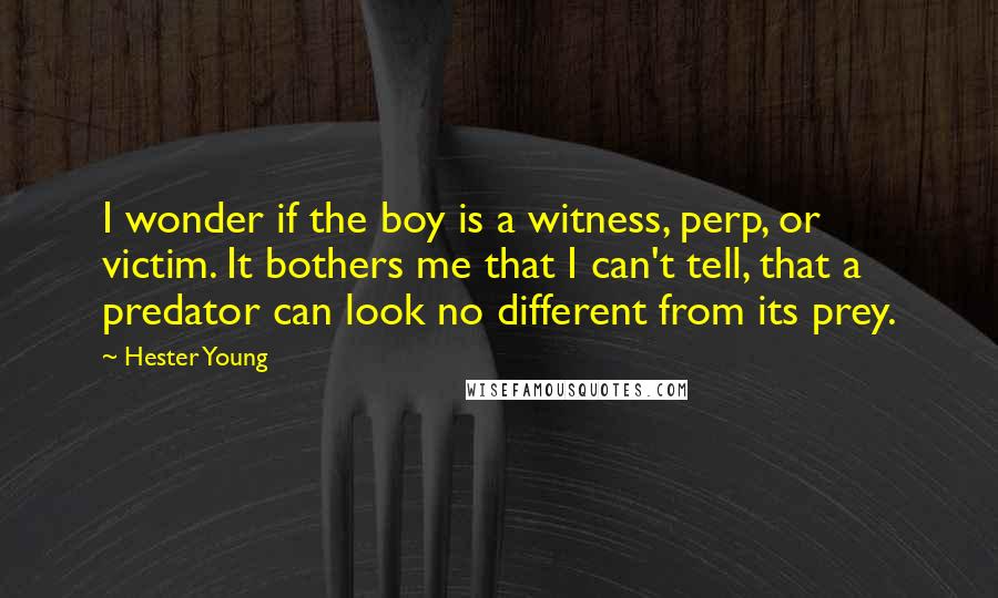 Hester Young Quotes: I wonder if the boy is a witness, perp, or victim. It bothers me that I can't tell, that a predator can look no different from its prey.