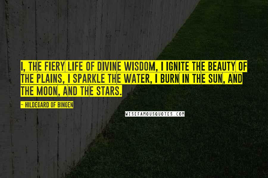 Hildegard Of Bingen Quotes: I, the fiery life of divine wisdom, I ignite the beauty of the plains, I sparkle the water, I burn in the sun, and the moon, and the stars.