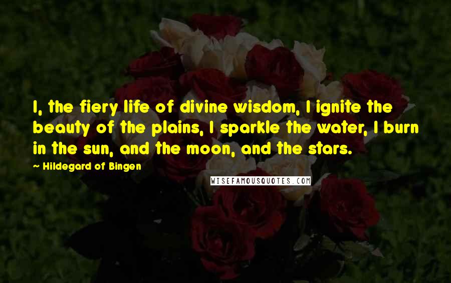 Hildegard Of Bingen Quotes: I, the fiery life of divine wisdom, I ignite the beauty of the plains, I sparkle the water, I burn in the sun, and the moon, and the stars.