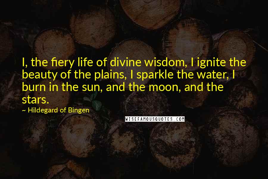 Hildegard Of Bingen Quotes: I, the fiery life of divine wisdom, I ignite the beauty of the plains, I sparkle the water, I burn in the sun, and the moon, and the stars.