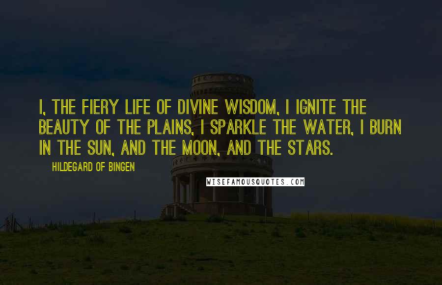 Hildegard Of Bingen Quotes: I, the fiery life of divine wisdom, I ignite the beauty of the plains, I sparkle the water, I burn in the sun, and the moon, and the stars.