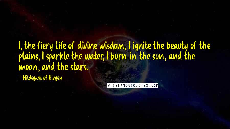 Hildegard Of Bingen Quotes: I, the fiery life of divine wisdom, I ignite the beauty of the plains, I sparkle the water, I burn in the sun, and the moon, and the stars.