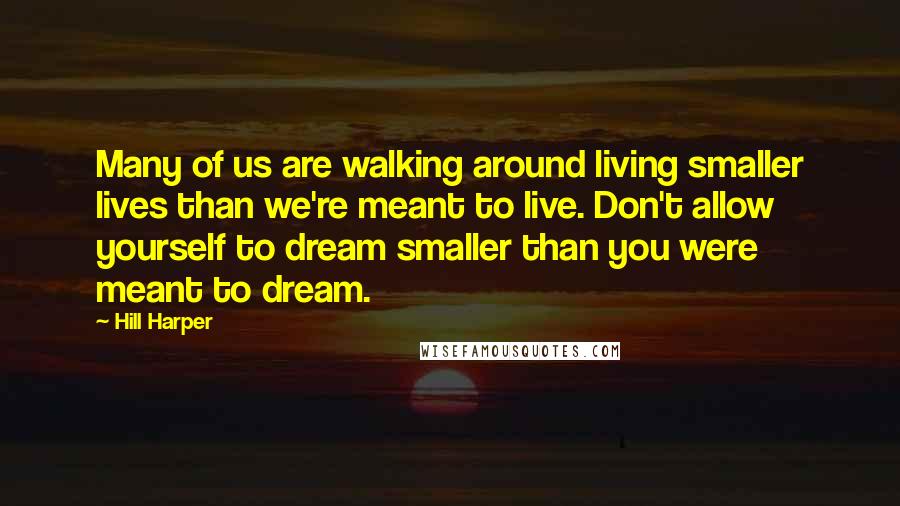 Hill Harper Quotes: Many of us are walking around living smaller lives than we're meant to live. Don't allow yourself to dream smaller than you were meant to dream.