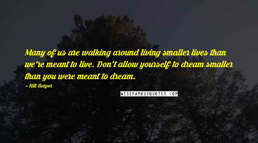 Hill Harper Quotes: Many of us are walking around living smaller lives than we're meant to live. Don't allow yourself to dream smaller than you were meant to dream.