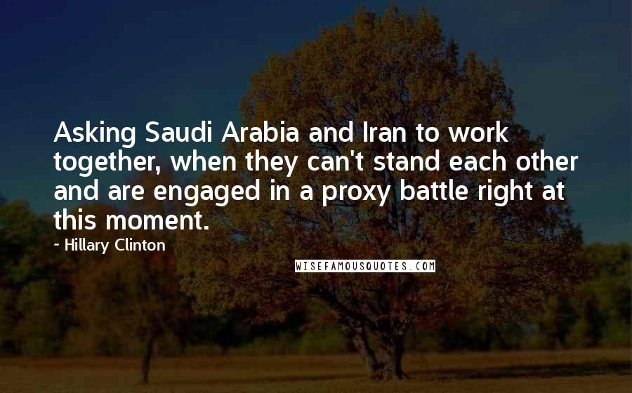 Hillary Clinton Quotes: Asking Saudi Arabia and Iran to work together, when they can't stand each other and are engaged in a proxy battle right at this moment.