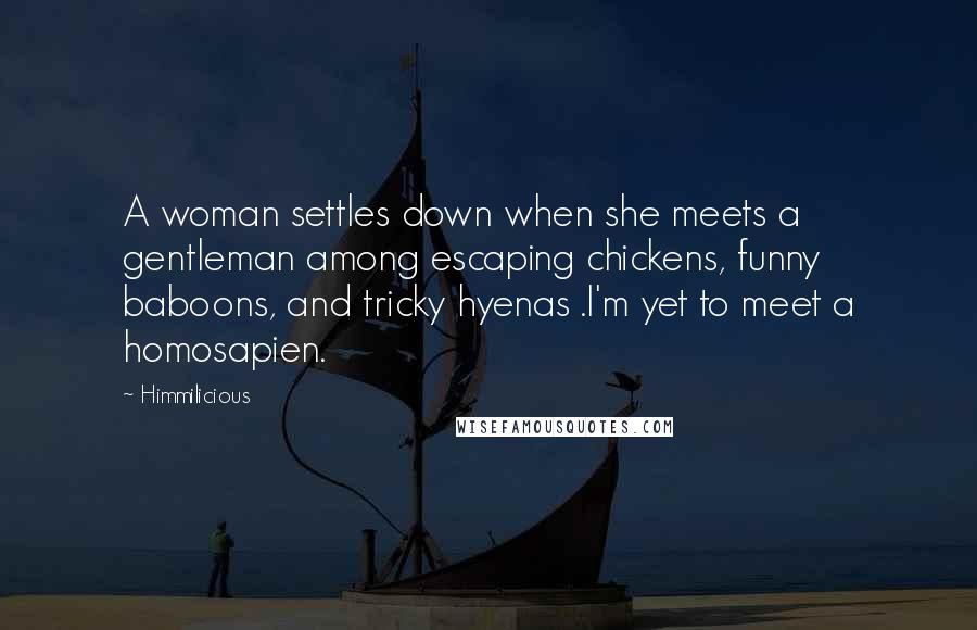 Himmilicious Quotes: A woman settles down when she meets a gentleman among escaping chickens, funny baboons, and tricky hyenas .I'm yet to meet a homosapien.