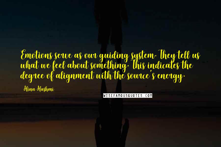 Hina Hashmi Quotes: Emotions serve as our guiding system. They tell us what we feel about something. This indicates the degree of alignment with the source's energy.