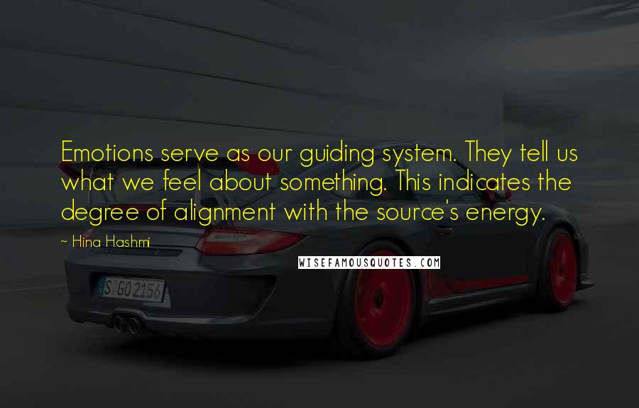 Hina Hashmi Quotes: Emotions serve as our guiding system. They tell us what we feel about something. This indicates the degree of alignment with the source's energy.