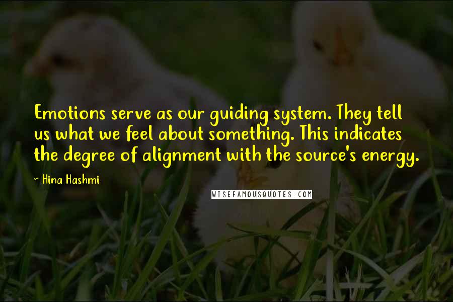 Hina Hashmi Quotes: Emotions serve as our guiding system. They tell us what we feel about something. This indicates the degree of alignment with the source's energy.