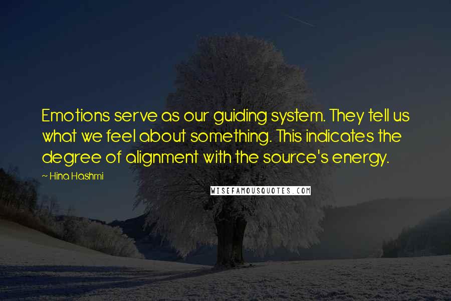 Hina Hashmi Quotes: Emotions serve as our guiding system. They tell us what we feel about something. This indicates the degree of alignment with the source's energy.