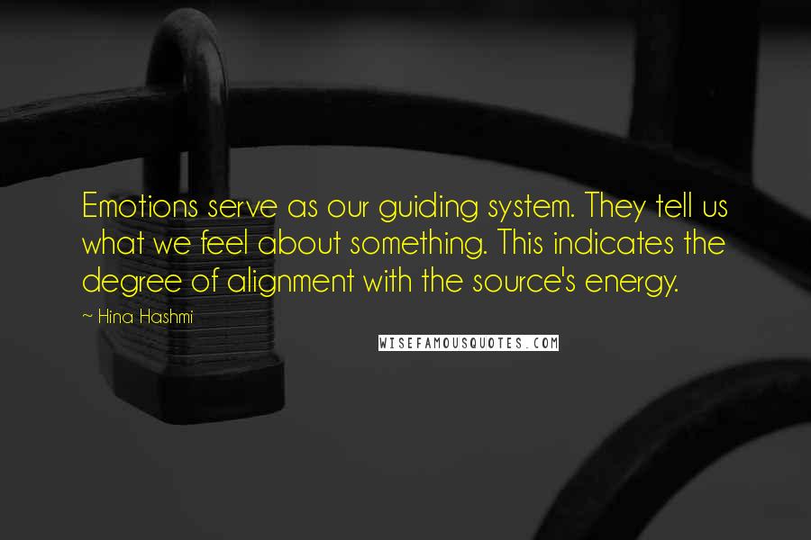 Hina Hashmi Quotes: Emotions serve as our guiding system. They tell us what we feel about something. This indicates the degree of alignment with the source's energy.