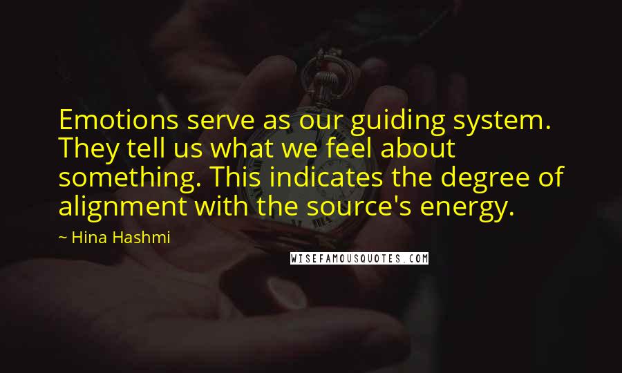 Hina Hashmi Quotes: Emotions serve as our guiding system. They tell us what we feel about something. This indicates the degree of alignment with the source's energy.