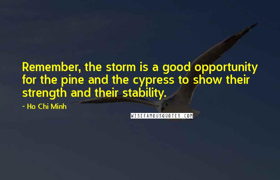 Ho Chi Minh Quotes: Remember, the storm is a good opportunity for the pine and the cypress to show their strength and their stability.