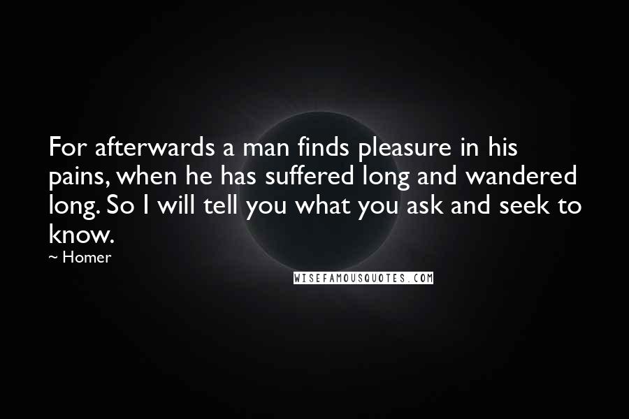 Homer Quotes: For afterwards a man finds pleasure in his pains, when he has suffered long and wandered long. So I will tell you what you ask and seek to know.