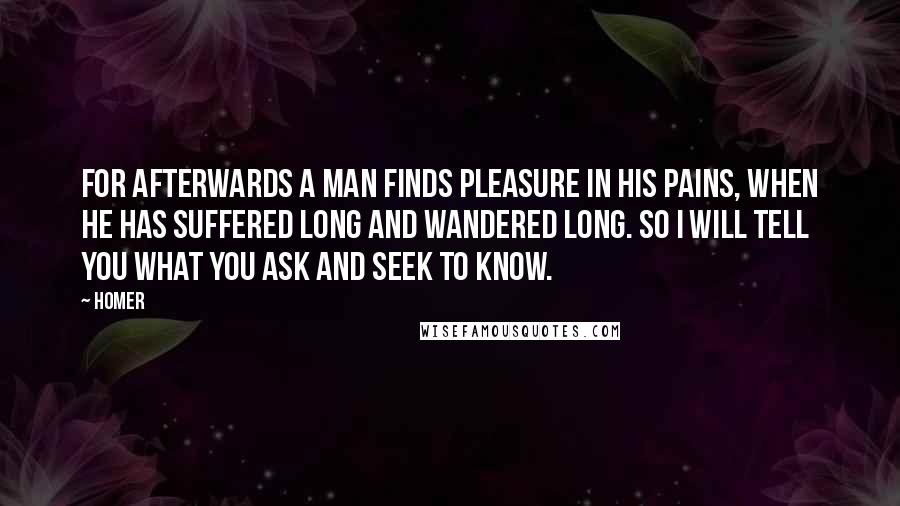 Homer Quotes: For afterwards a man finds pleasure in his pains, when he has suffered long and wandered long. So I will tell you what you ask and seek to know.