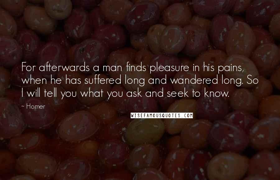 Homer Quotes: For afterwards a man finds pleasure in his pains, when he has suffered long and wandered long. So I will tell you what you ask and seek to know.