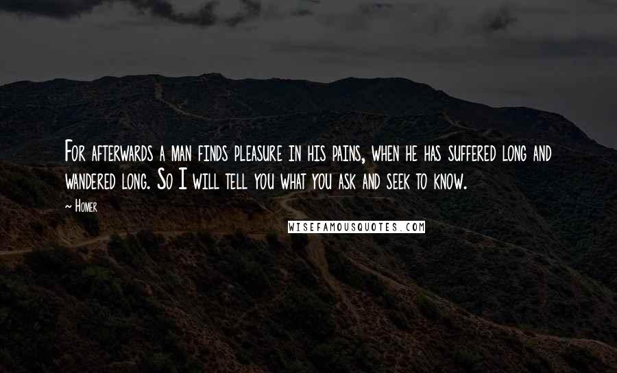 Homer Quotes: For afterwards a man finds pleasure in his pains, when he has suffered long and wandered long. So I will tell you what you ask and seek to know.