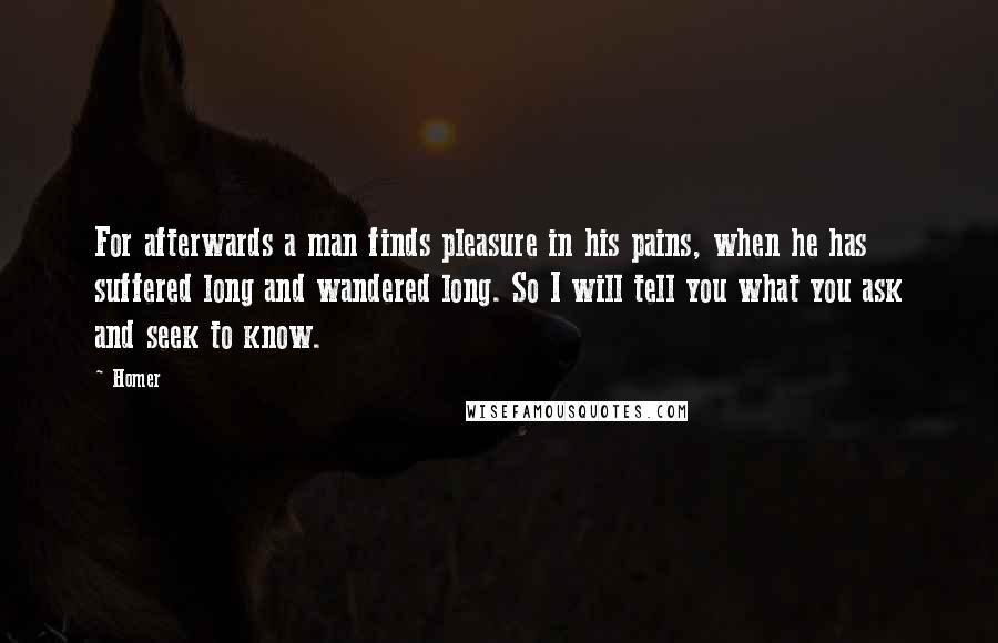 Homer Quotes: For afterwards a man finds pleasure in his pains, when he has suffered long and wandered long. So I will tell you what you ask and seek to know.