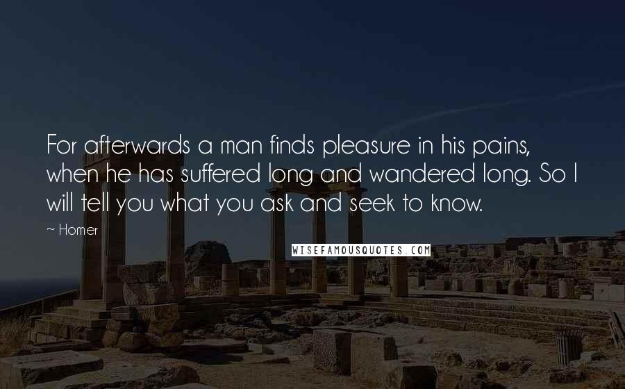 Homer Quotes: For afterwards a man finds pleasure in his pains, when he has suffered long and wandered long. So I will tell you what you ask and seek to know.