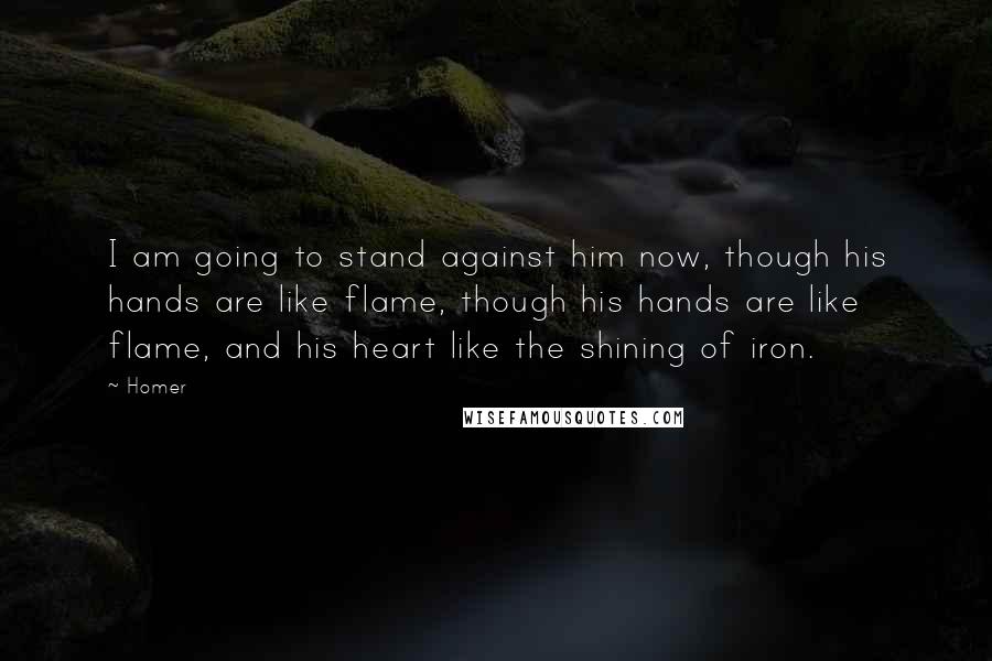 Homer Quotes: I am going to stand against him now, though his hands are like flame, though his hands are like flame, and his heart like the shining of iron.