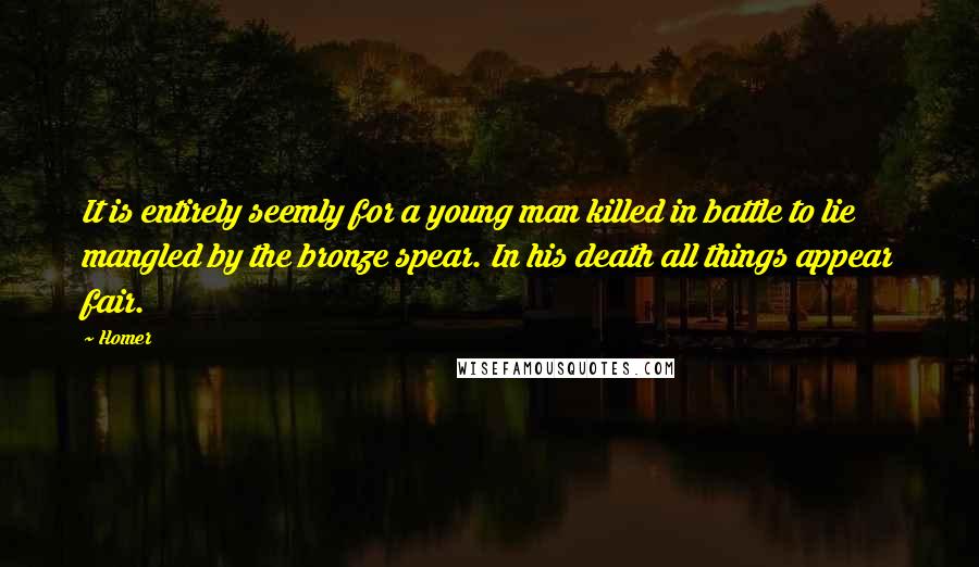 Homer Quotes: It is entirely seemly for a young man killed in battle to lie mangled by the bronze spear. In his death all things appear fair.