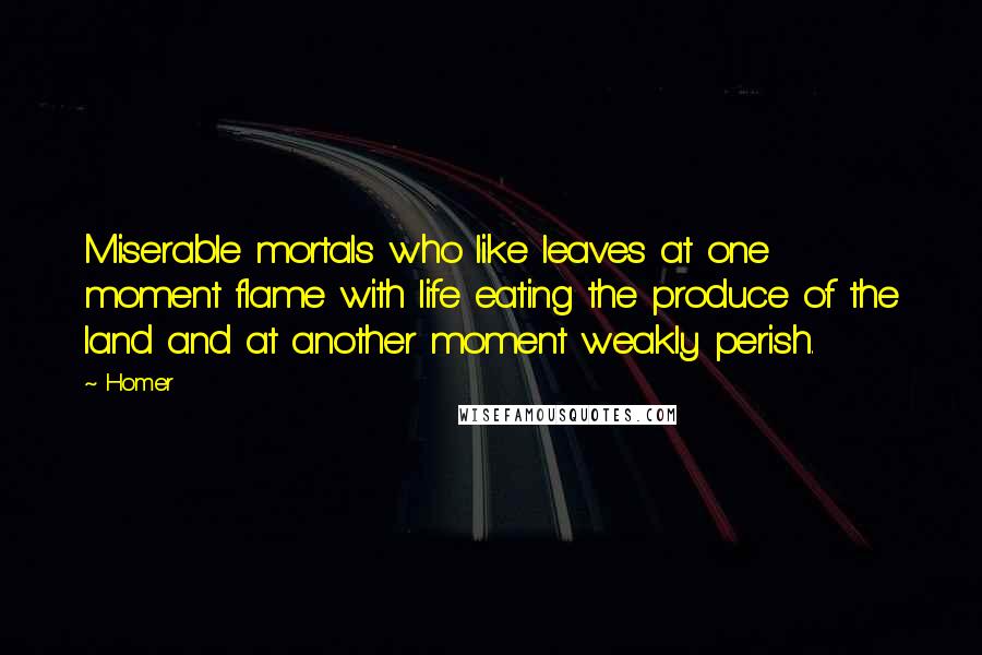 Homer Quotes: Miserable mortals who like leaves at one moment flame with life eating the produce of the land and at another moment weakly perish.