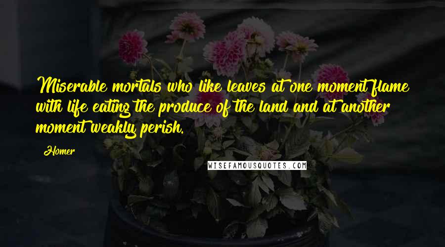 Homer Quotes: Miserable mortals who like leaves at one moment flame with life eating the produce of the land and at another moment weakly perish.