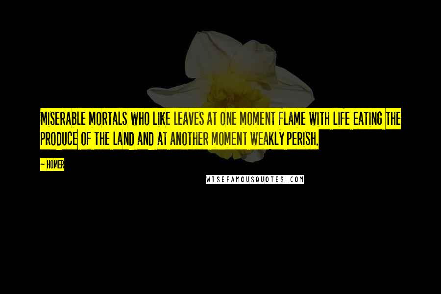 Homer Quotes: Miserable mortals who like leaves at one moment flame with life eating the produce of the land and at another moment weakly perish.