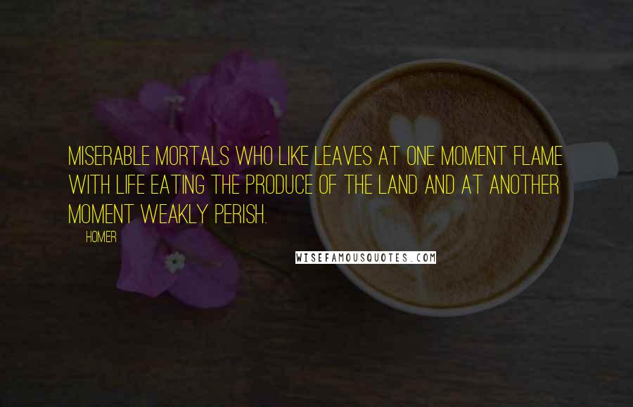 Homer Quotes: Miserable mortals who like leaves at one moment flame with life eating the produce of the land and at another moment weakly perish.