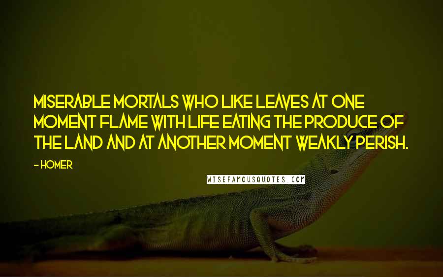 Homer Quotes: Miserable mortals who like leaves at one moment flame with life eating the produce of the land and at another moment weakly perish.