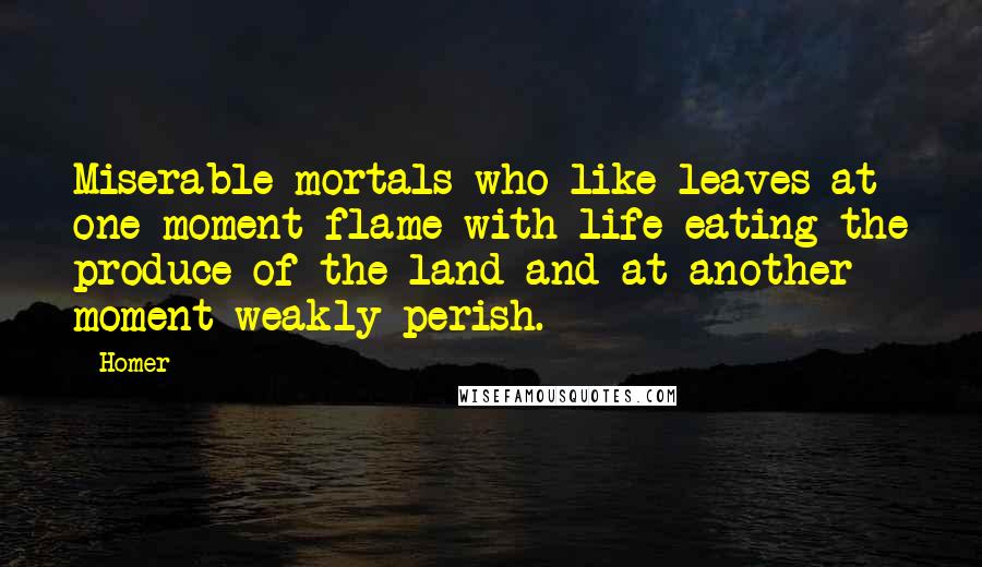 Homer Quotes: Miserable mortals who like leaves at one moment flame with life eating the produce of the land and at another moment weakly perish.