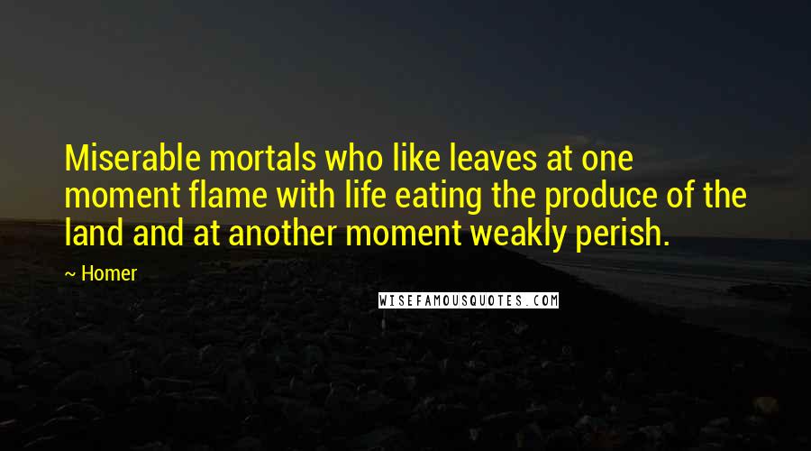 Homer Quotes: Miserable mortals who like leaves at one moment flame with life eating the produce of the land and at another moment weakly perish.