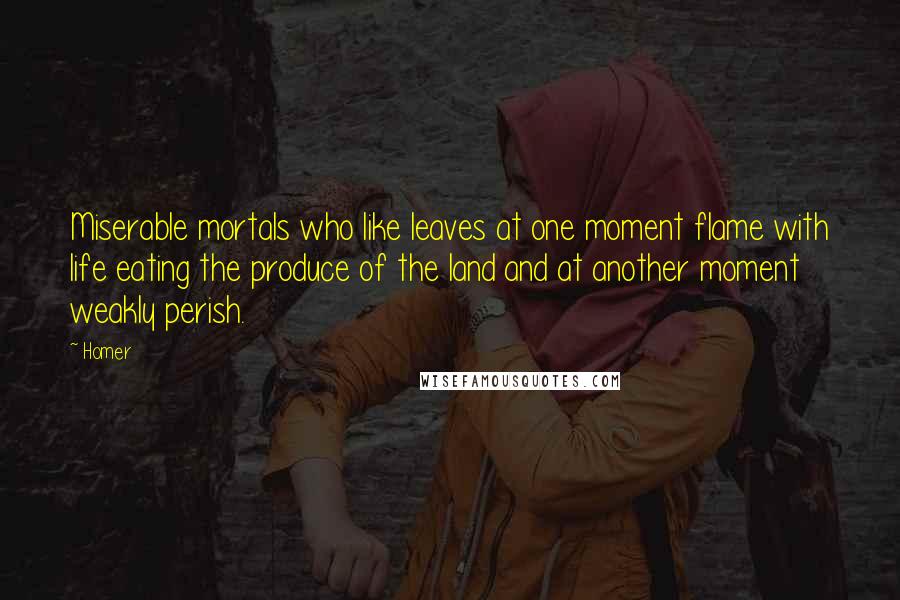 Homer Quotes: Miserable mortals who like leaves at one moment flame with life eating the produce of the land and at another moment weakly perish.